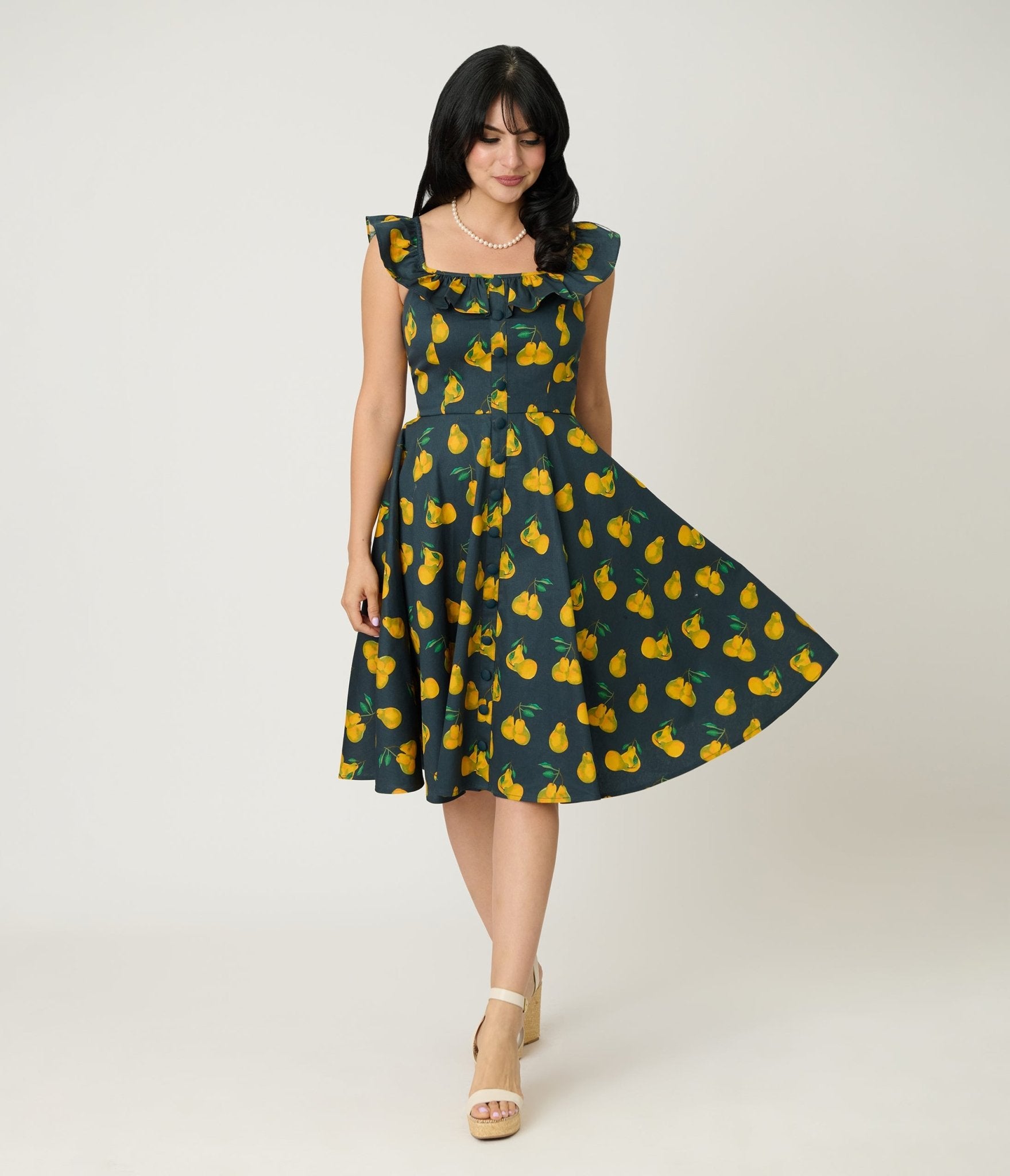 Magnolia Place Black & Yellow Pear Print Barbara Swing Dress - Unique Vintage - Womens, DRESSES, SWING