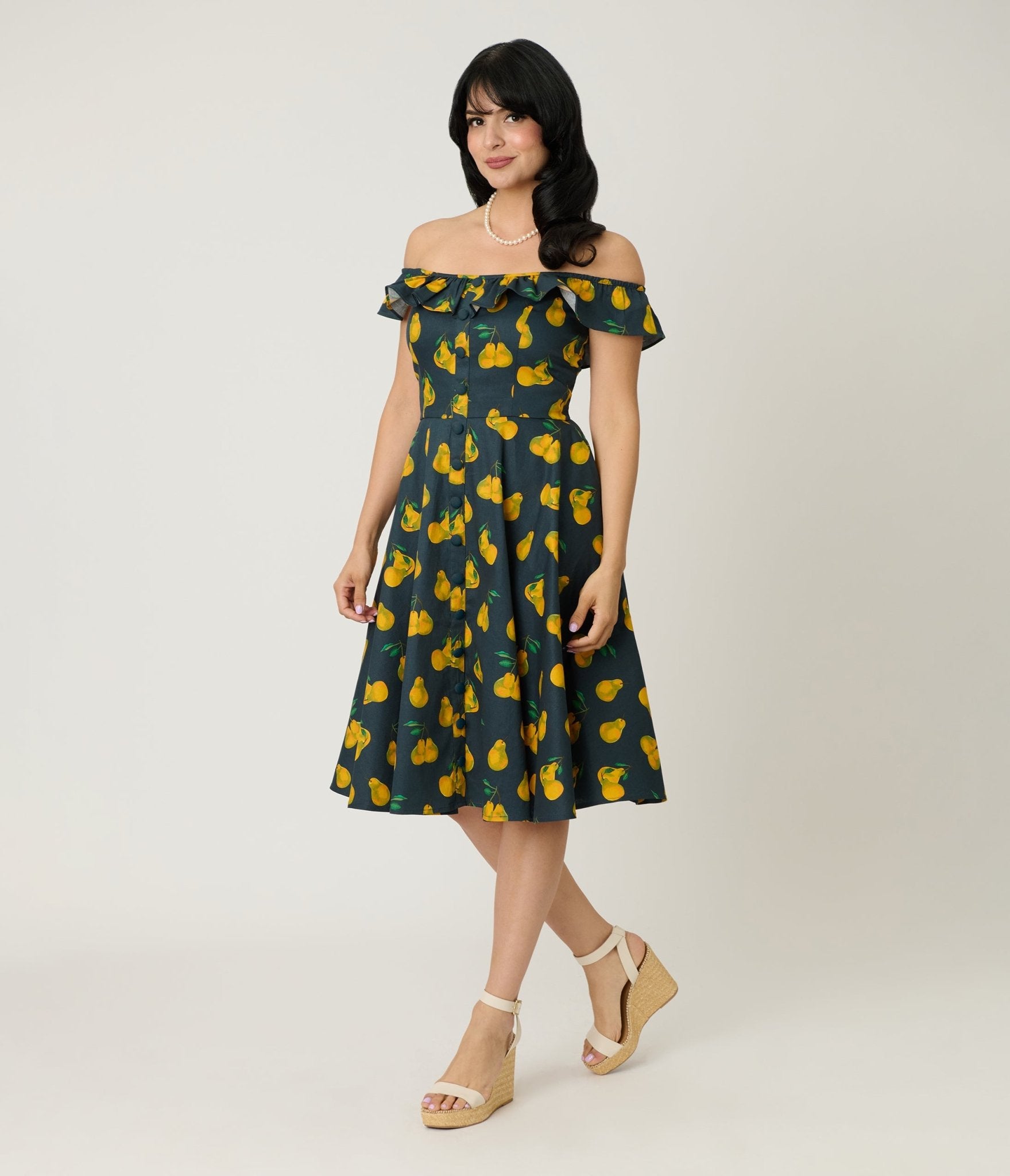 Magnolia Place Black & Yellow Pear Print Barbara Swing Dress XL/14-16