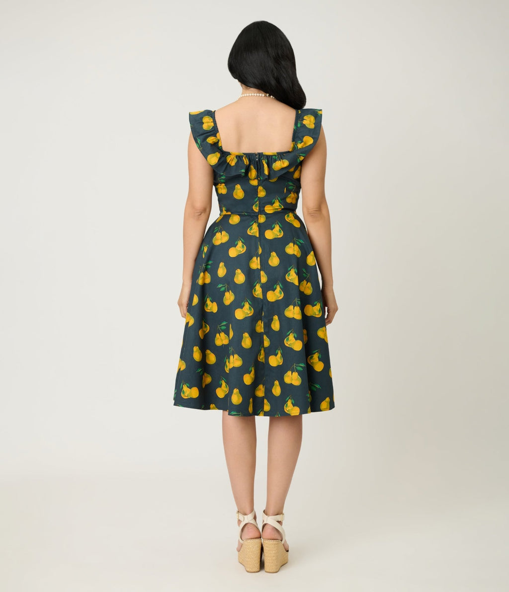 Magnolia Place Black & Yellow Pear Print Barbara Swing Dress - Unique Vintage - Womens, DRESSES, SWING