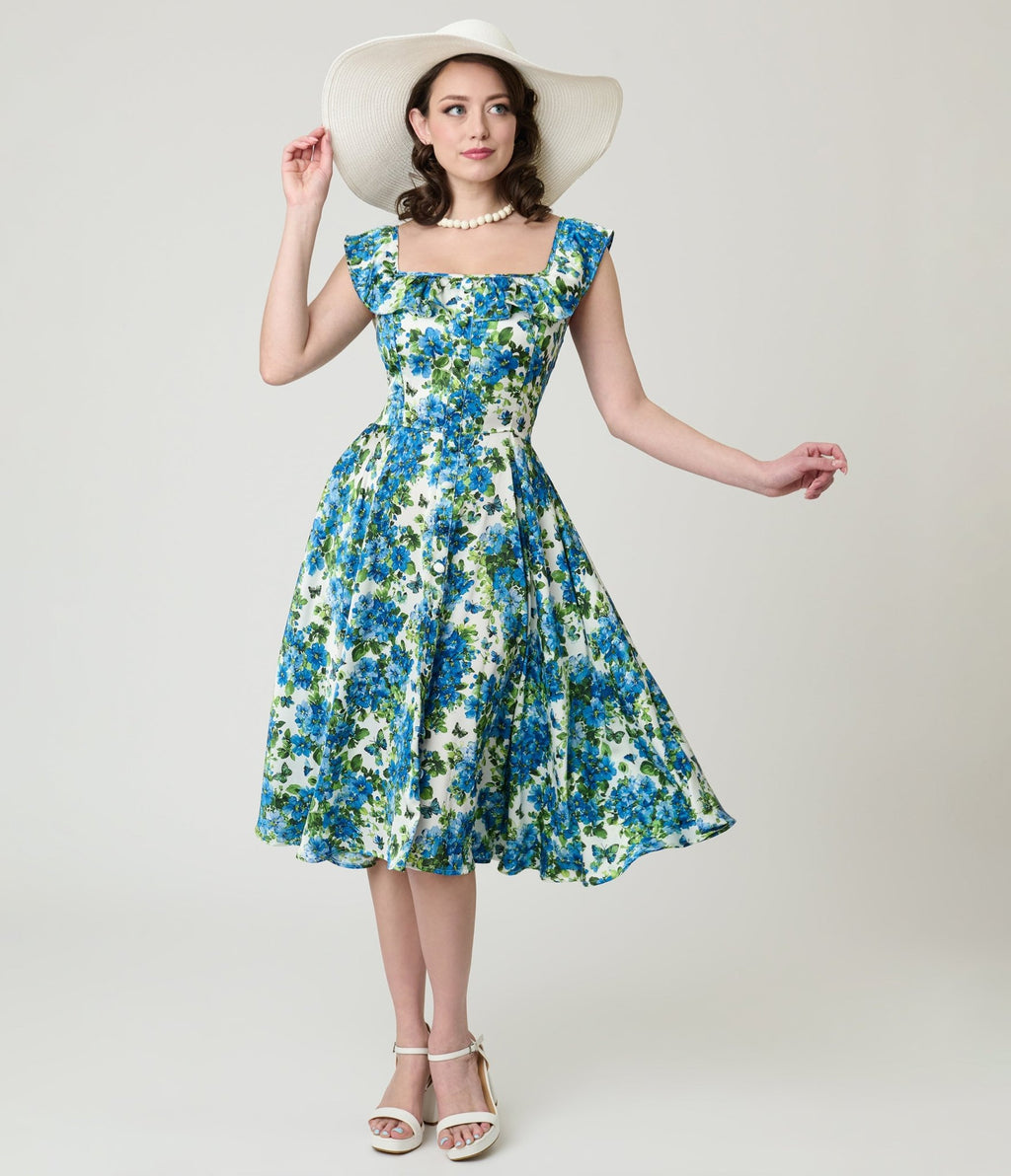 Magnolia Place Blue Floral Barbara Swing Dress Unique Vintage Magnolia Place Blue Floral Barbara Swing Dress Unique Vintage