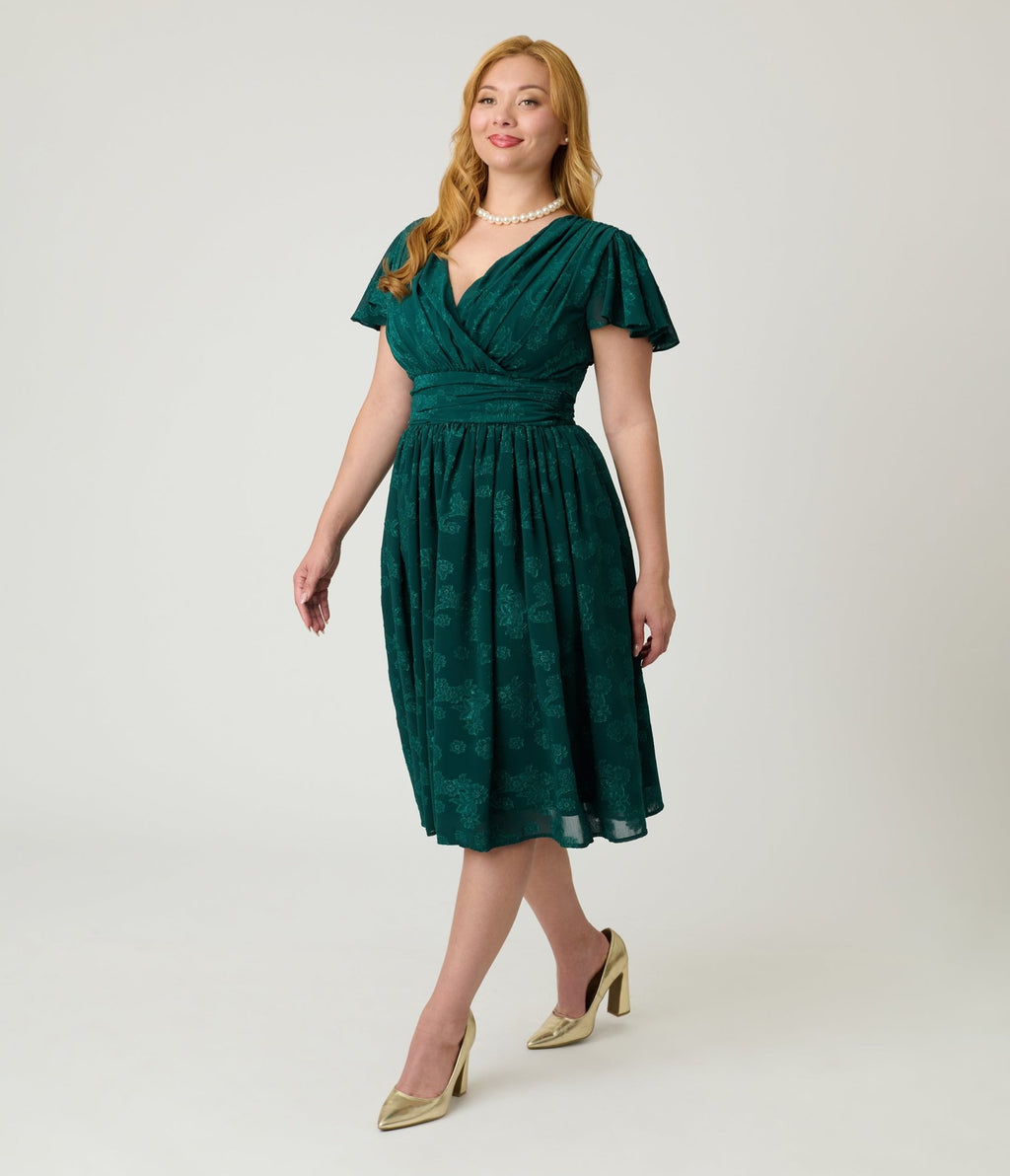 Magnolia Place Emerald Floral Jacquard Midori Swing Dress - Unique Vintage - Womens, DRESSES, SWING