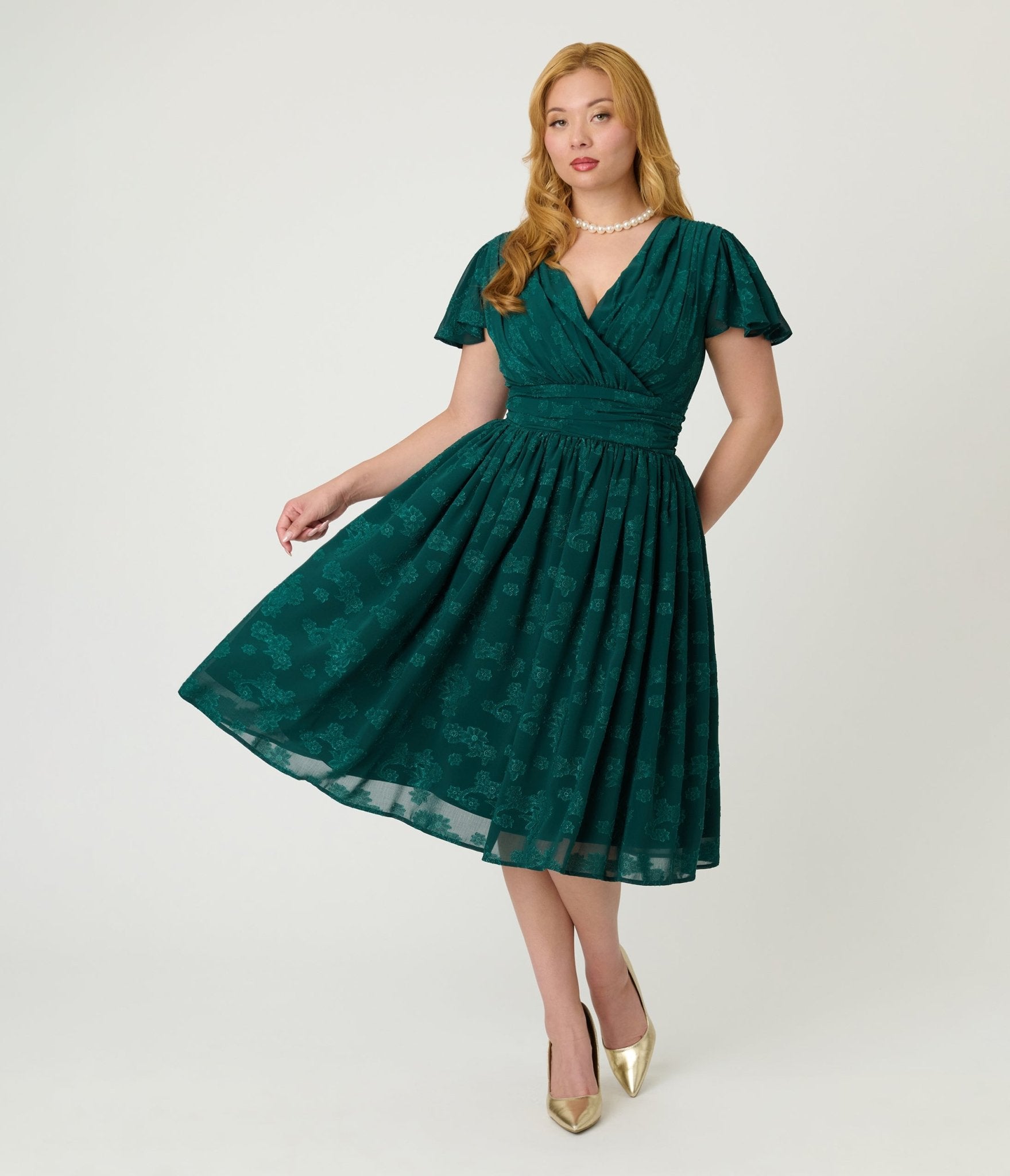 Magnolia Place Emerald Floral Jacquard Midori Swing Dress – Unique