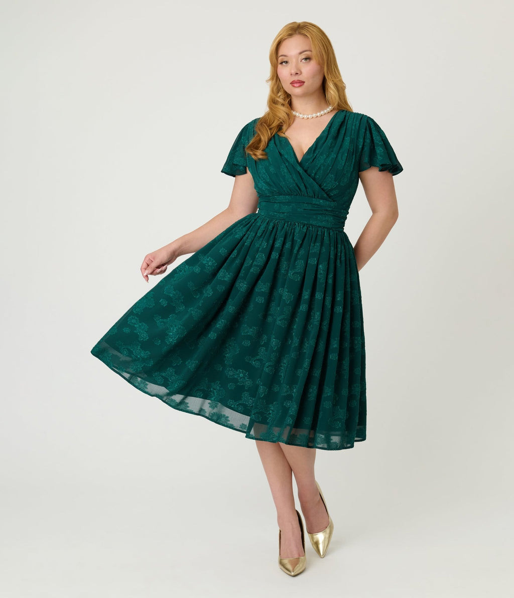 Magnolia Place Emerald Floral Jacquard Midori Swing Dress - Unique Vintage - Womens, DRESSES, SWING