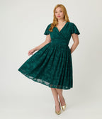 Magnolia Place Emerald Floral Jacquard Midori Swing Dress - Unique Vintage - Womens, DRESSES, SWING