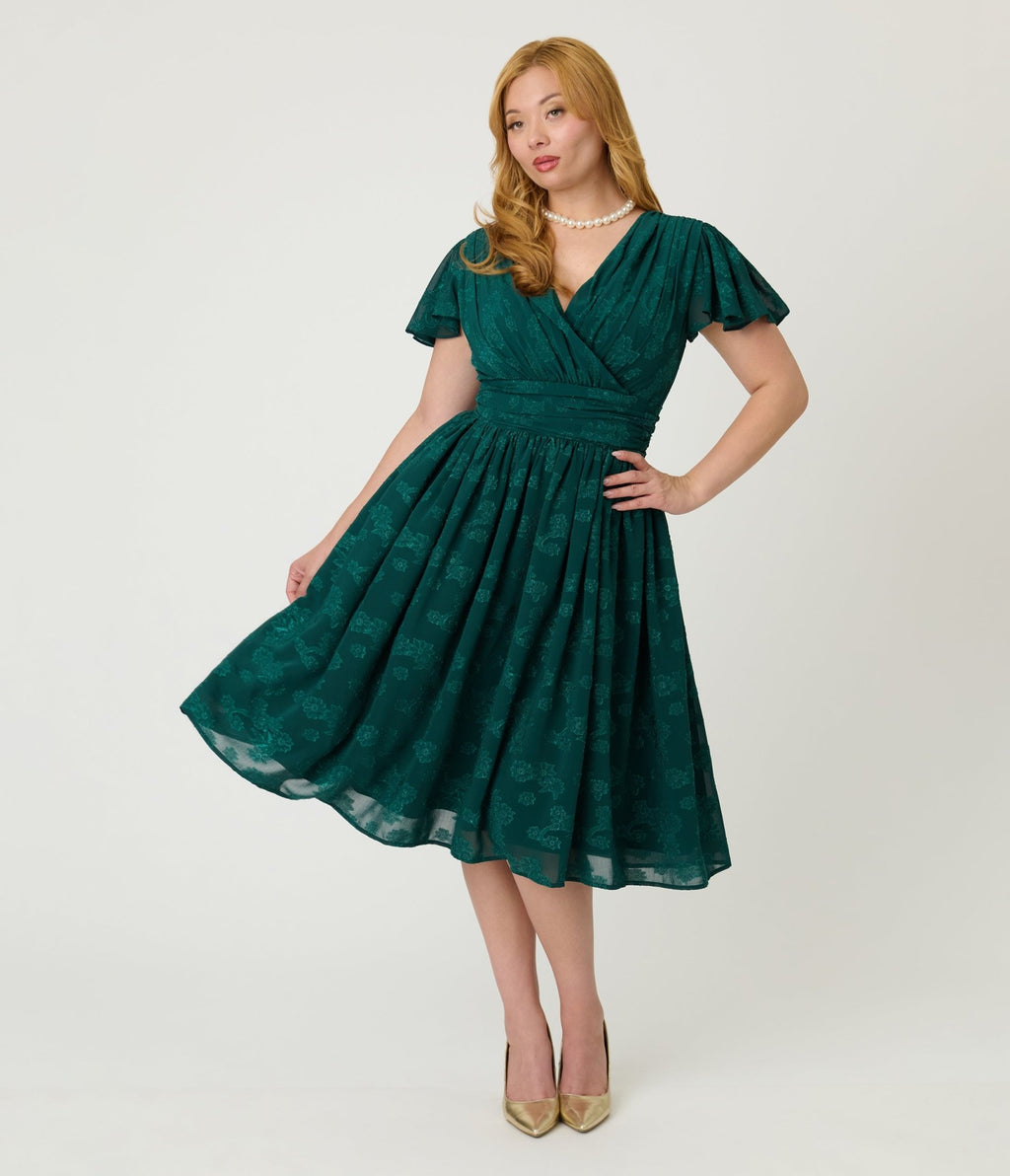 Magnolia Place Emerald Floral Jacquard Midori Swing Dress - Unique Vintage - Womens, DRESSES, SWING