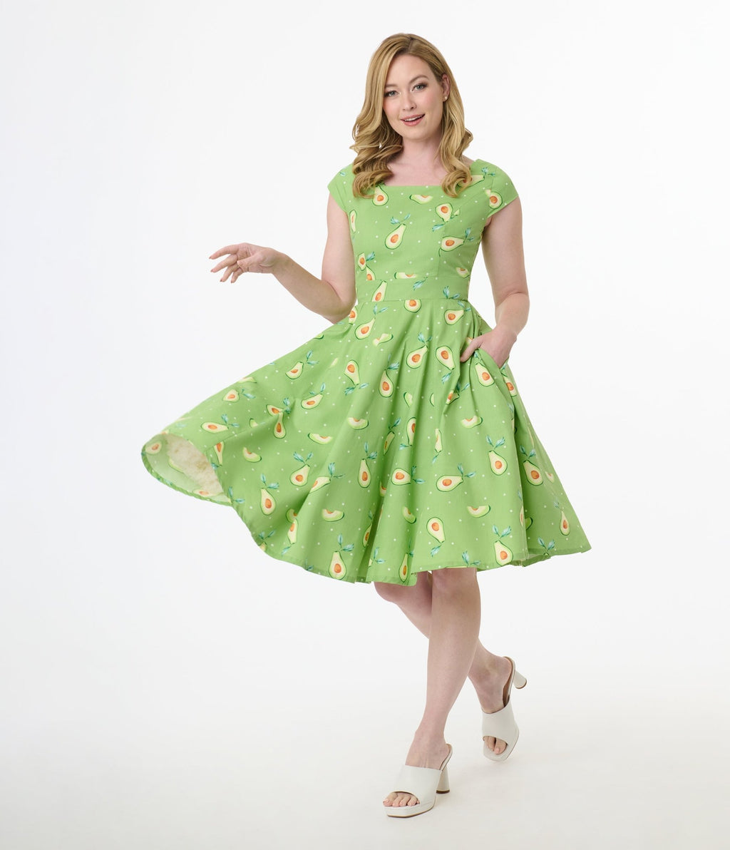 Magnolia Place Green Avocado Print Anna Cotton Swing Dress - Unique Vintage - Womens, DRESSES, SWING