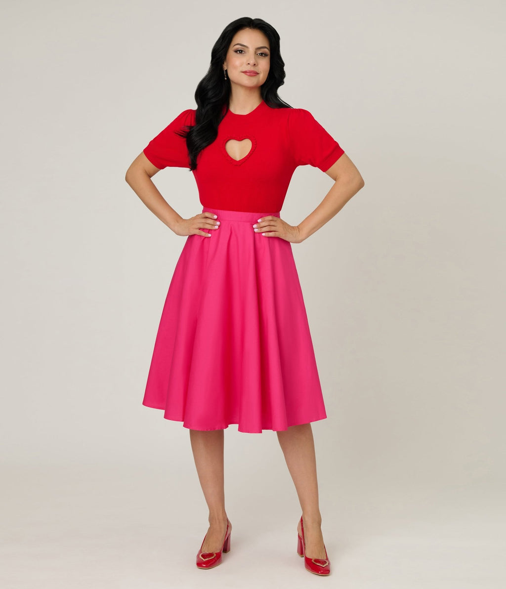 Magnolia Place Hot Pink Cotton Sally Swing Skirt - Unique Vintage - Womens, BOTTOMS, SKIRTS