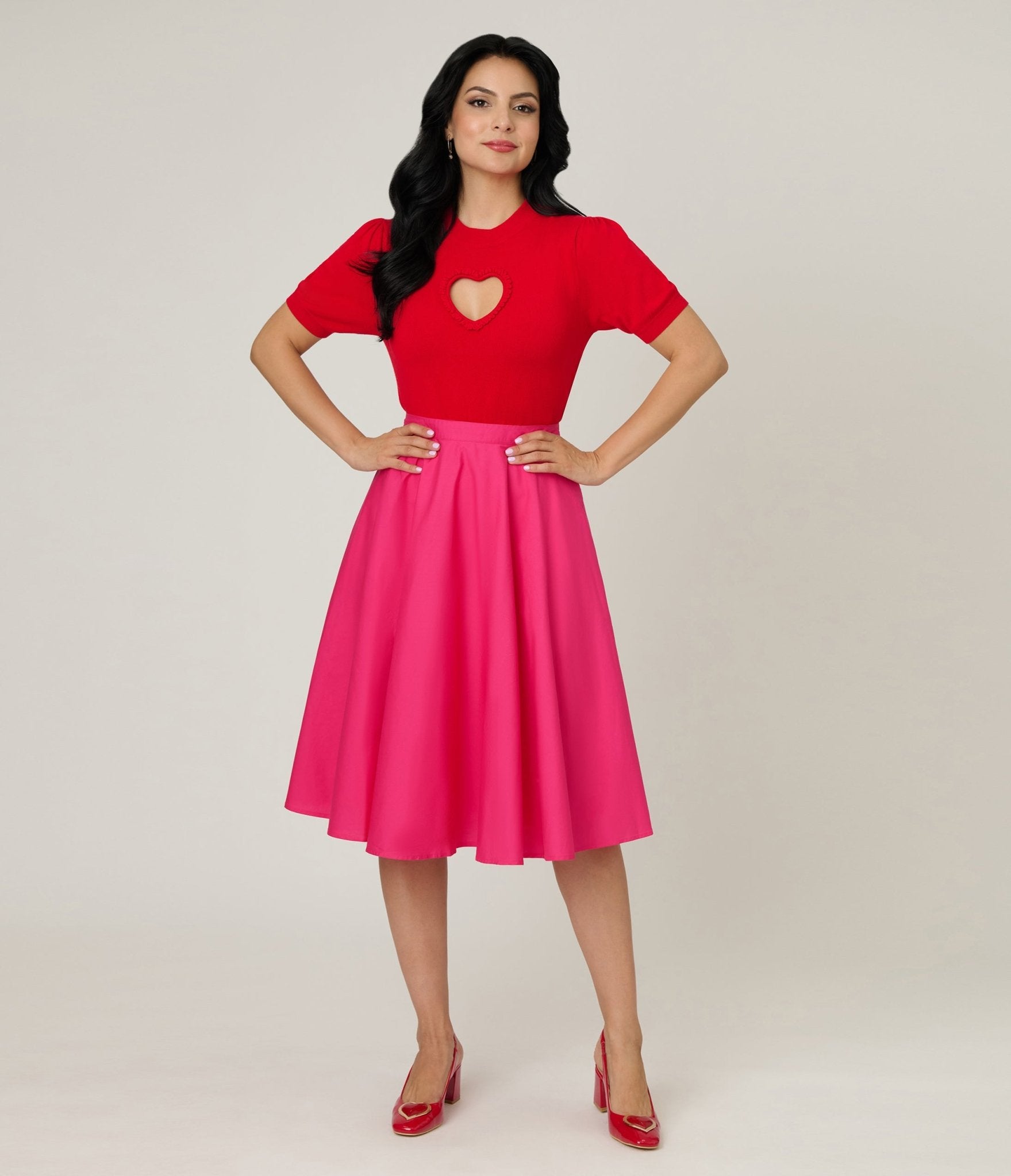 Magnolia Place Hot Pink Cotton Sally Swing Skirt - Unique Vintage - Womens, BOTTOMS, SKIRTS