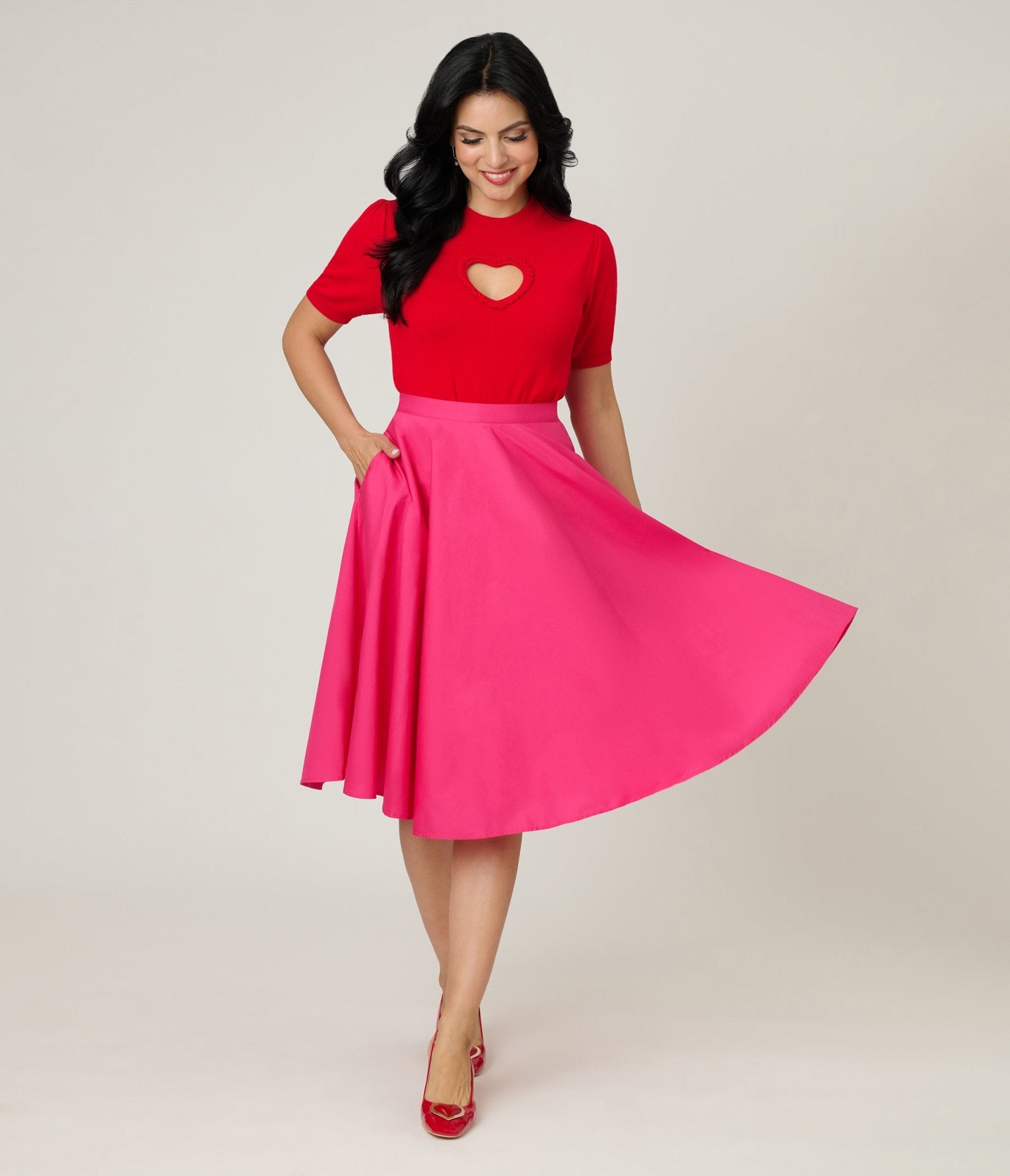 Magnolia Place Hot Pink Cotton Sally Swing Skirt - Unique Vintage - Womens, BOTTOMS, SKIRTS
