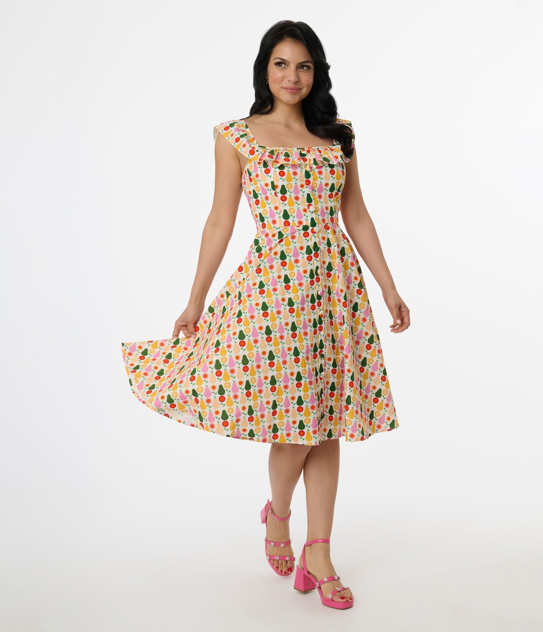 Magnolia Place Multicolor Pear Print Cotton Barbara Swing Dress - Unique Vintage - Womens, DRESSES, SWING