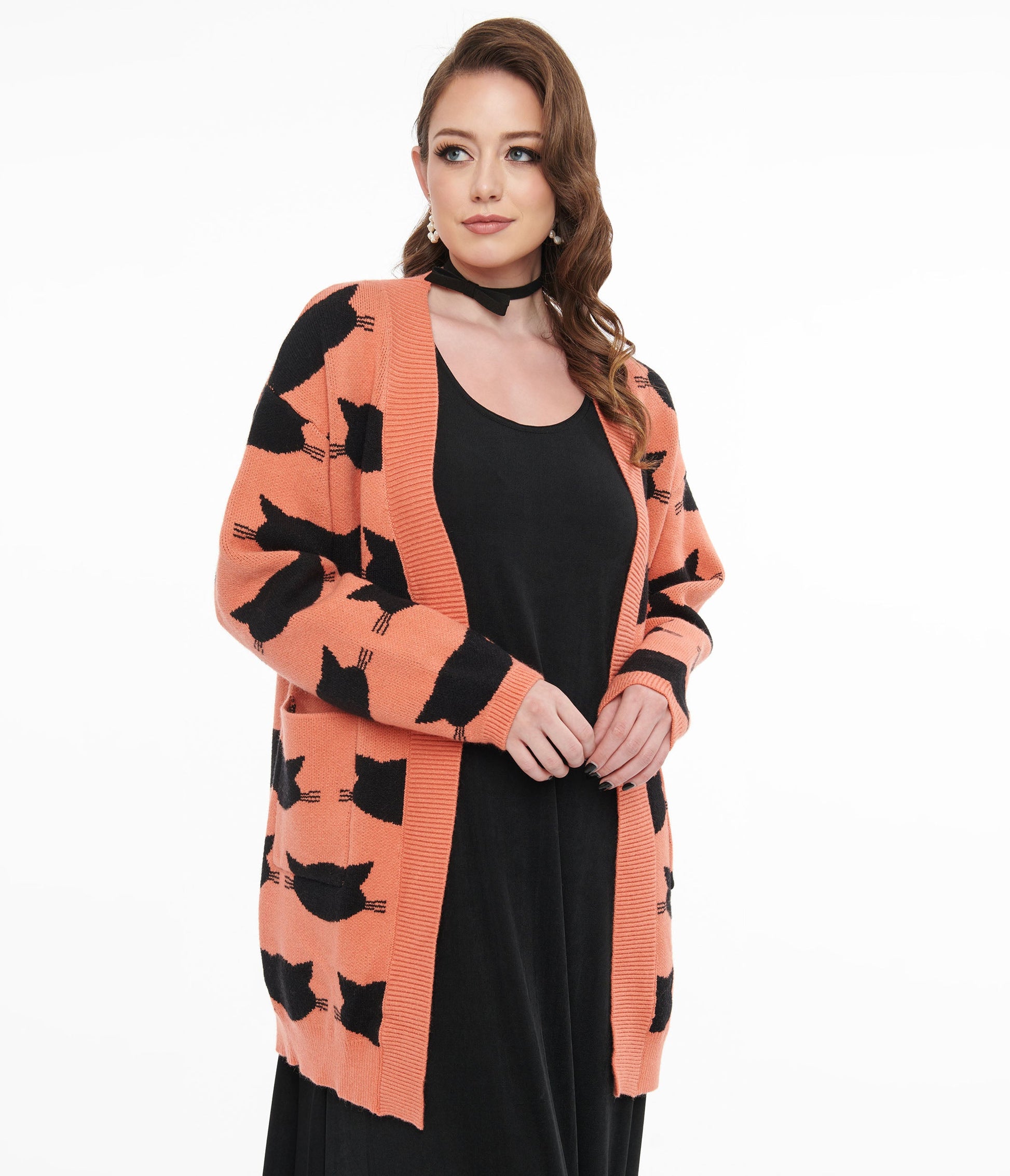 Magnolia Place Orange & Black Cat Cardigan - Unique Vintage - Womens, HALLOWEEN, TOPS