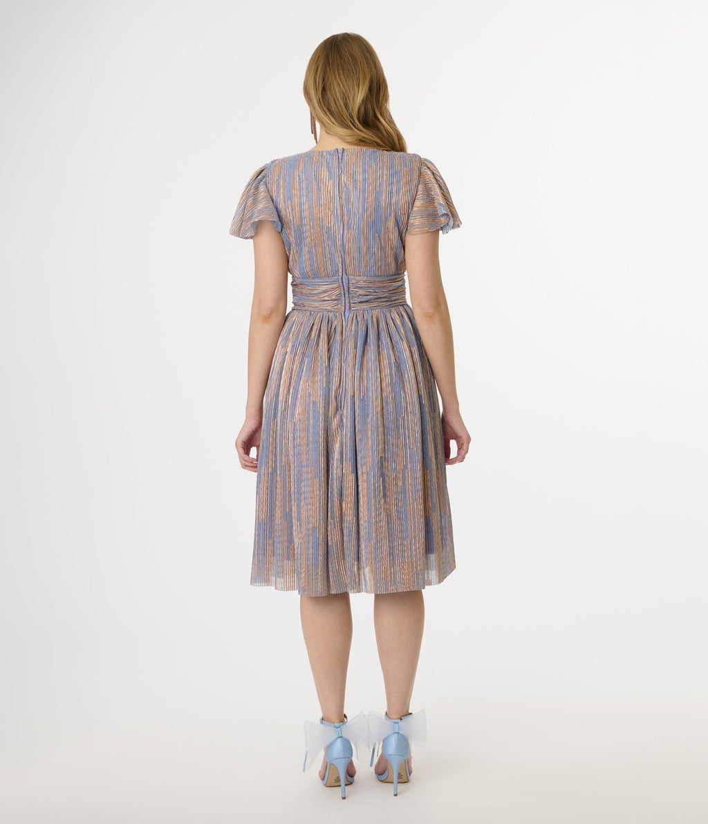 Magnolia Place Periwinkle & Gold Flutter Sleeve Midori Swing Dress - Unique Vintage - Womens, DRESSES, SWING