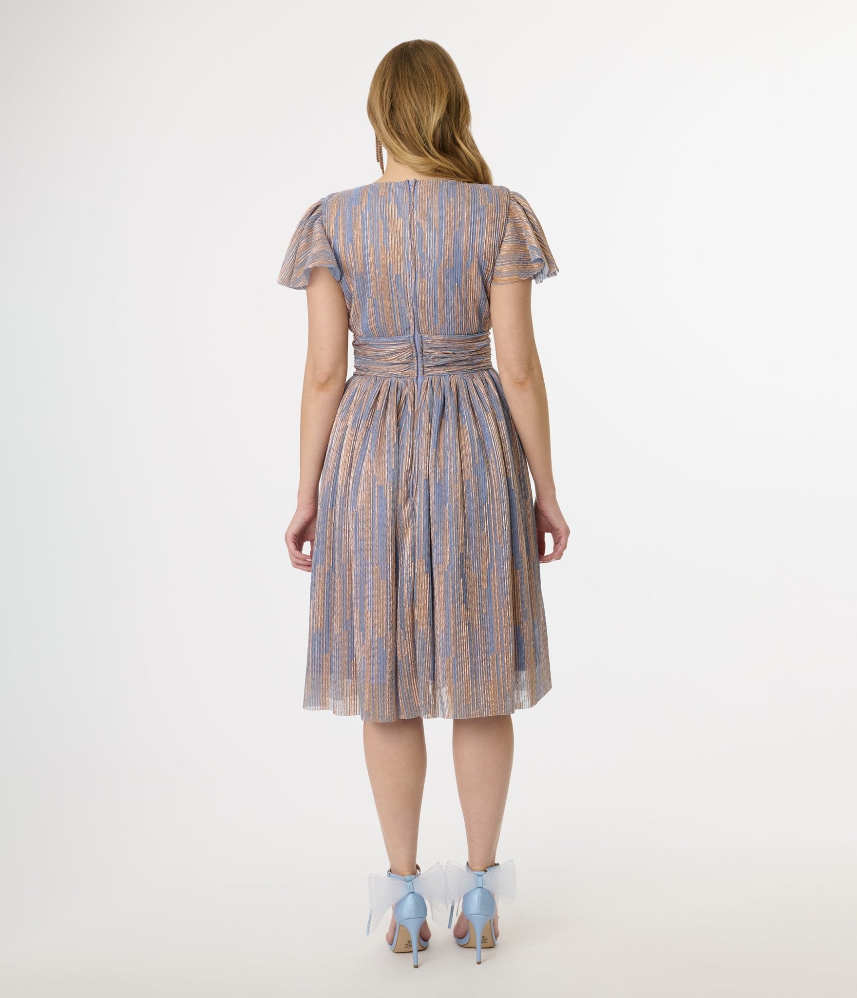 Magnolia Place Periwinkle & Gold Flutter Sleeve Midori Swing Dress - Unique Vintage - Womens, DRESSES, SWING