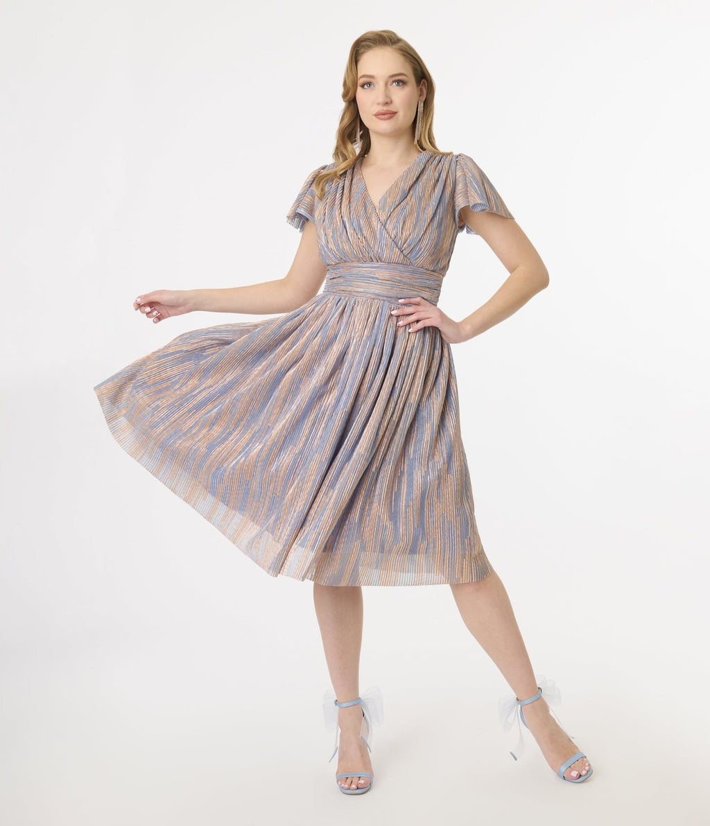 Magnolia Place Periwinkle & Gold Flutter Sleeve Midori Swing Dress Unique Vintage Magnolia Place Periwinkle & Gold Flutter Sleeve Midori Swing Dress Unique Vintage