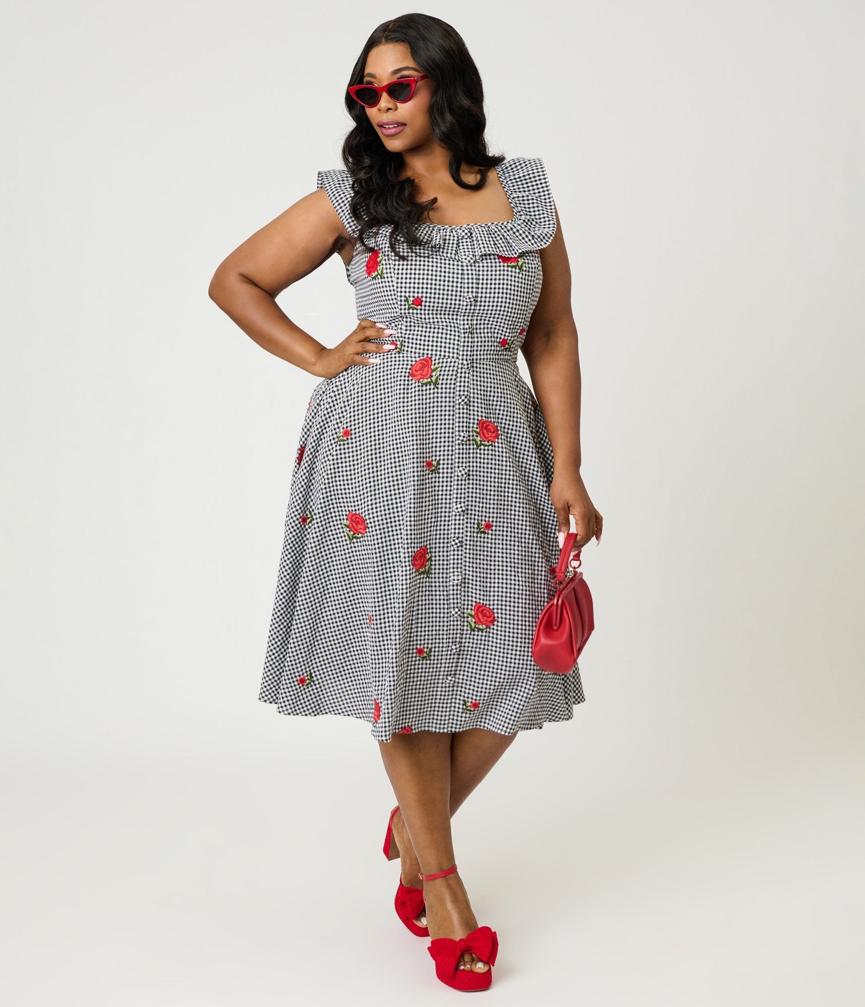 Magnolia Place Plus Size Black Gingham & Red Rose Embroidered Barbara Swing Dress - Unique Vintage - Womens, DRESSES, SWING