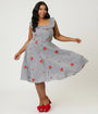 Magnolia Place Plus Size Black Gingham & Red Rose Embroidered  Barbara Swing Dress