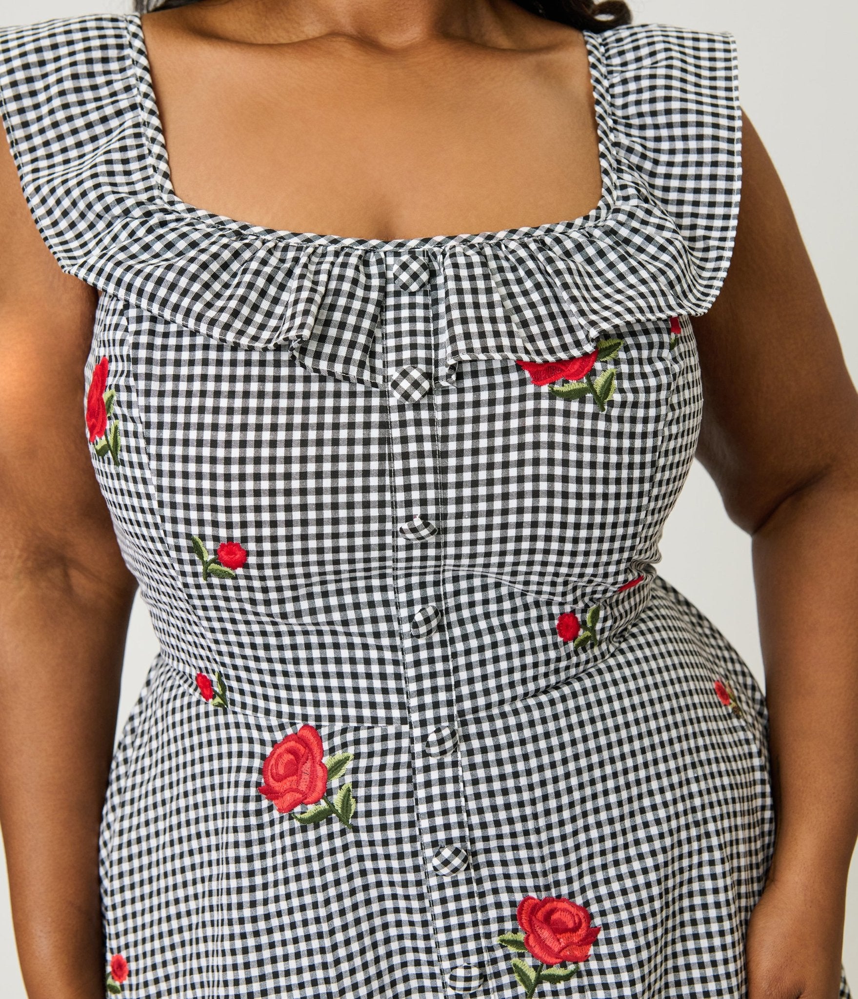 Magnolia Place Plus Size Black Gingham & Red Rose Embroidered Barbara Swing Dress - Unique Vintage - Womens, DRESSES, SWING