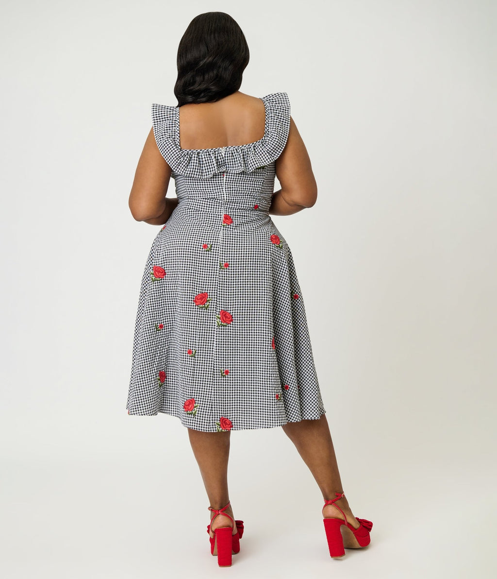 Magnolia Place Plus Size Black Gingham & Red Rose Embroidered Barbara Swing Dress - Unique Vintage - Womens, DRESSES, SWING