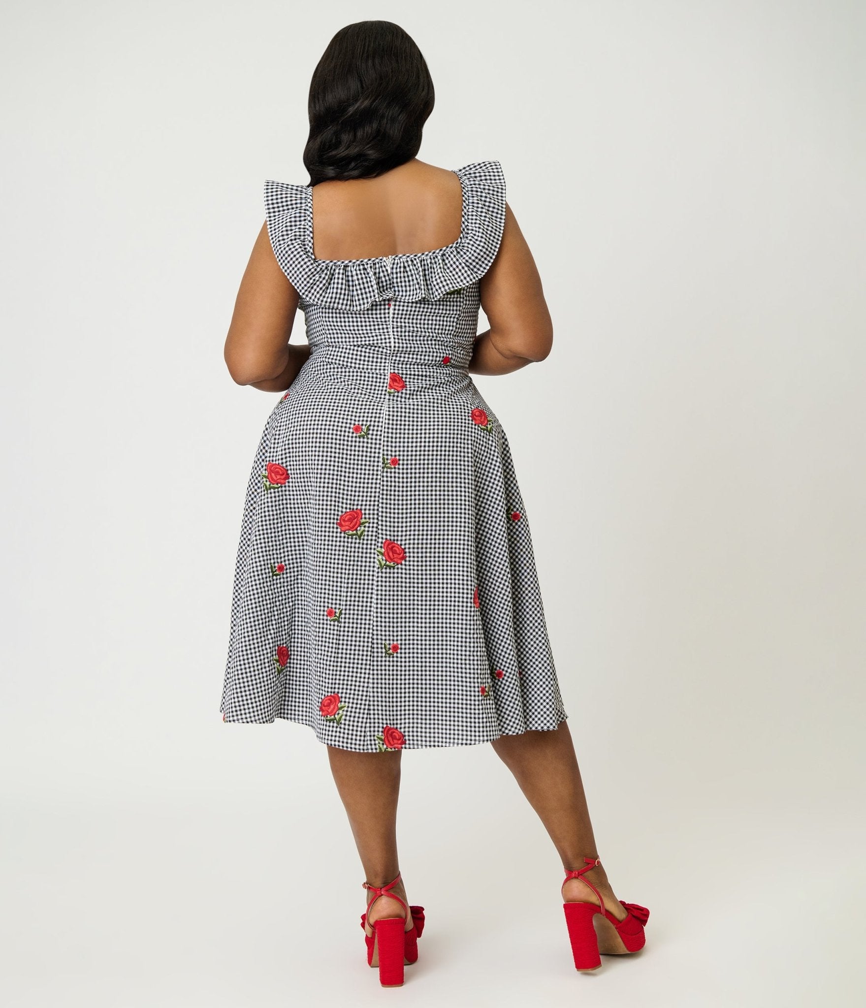 Magnolia Place Plus Size Black Gingham & Red Rose Embroidered Barbara Swing Dress - Unique Vintage - Womens, DRESSES, SWING