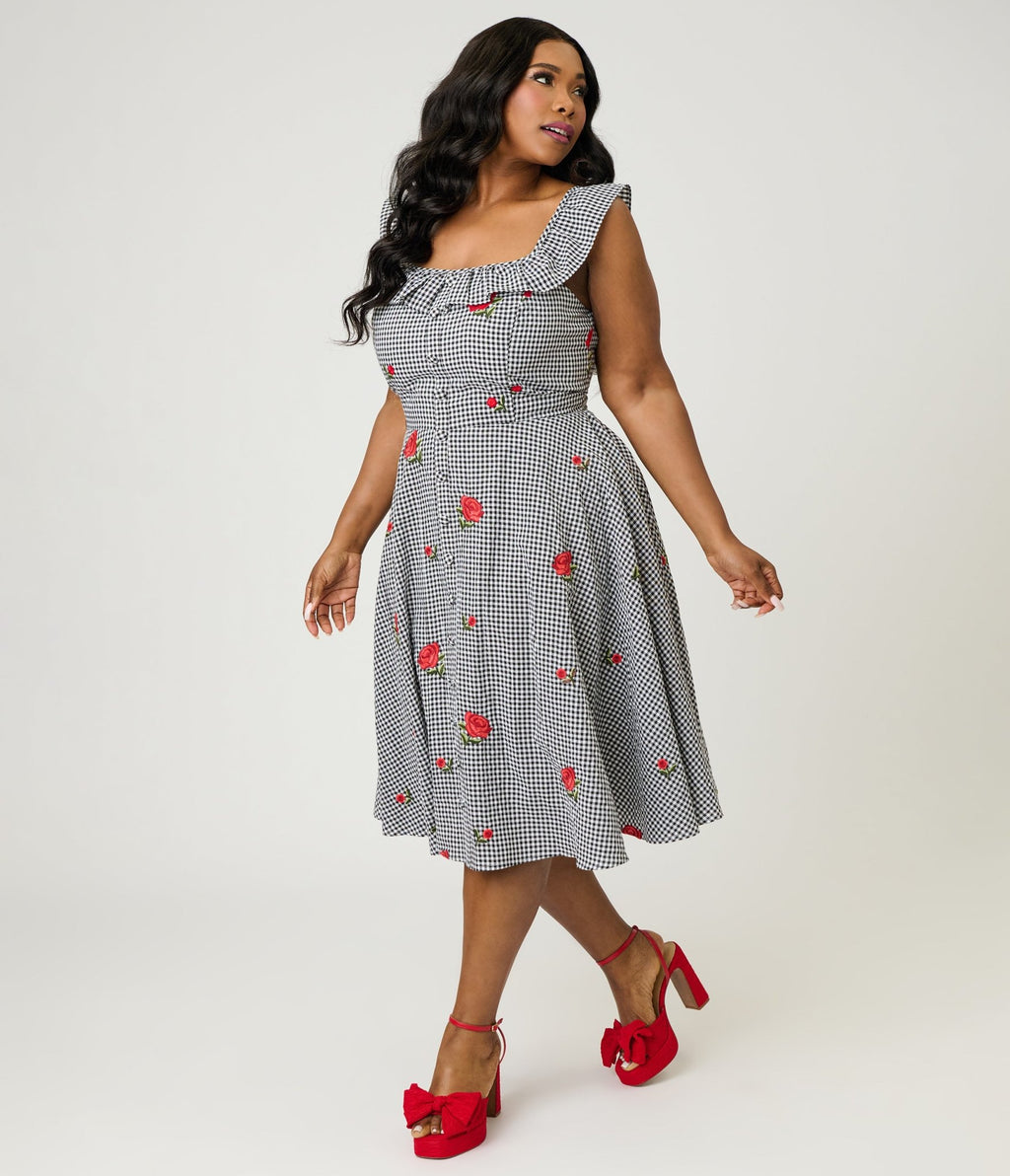 Magnolia Place Plus Size Black Gingham & Red Rose Embroidered Barbara Swing Dress - Unique Vintage - Womens, DRESSES, SWING