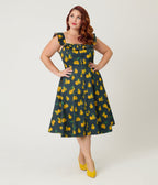 Magnolia Place Plus Size Black & Yellow Pear Print Barbara Swing Dress - Unique Vintage - Womens, DRESSES, SWING