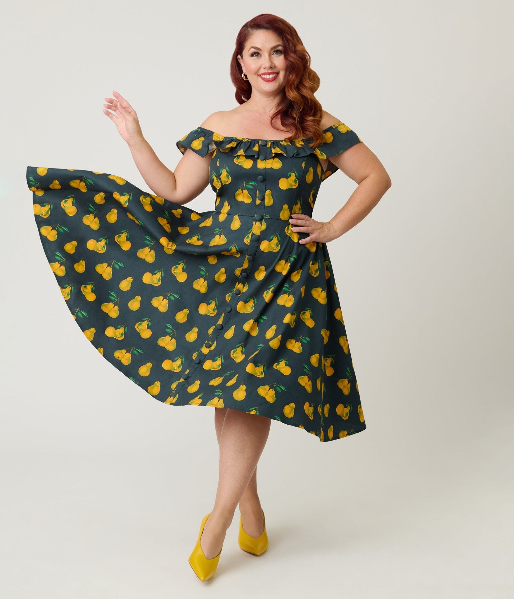 Magnolia Place Plus Size Black & Yellow Pear Print Barbara Swing Dress - Unique Vintage - Womens, DRESSES, SWING