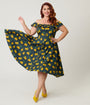 Magnolia Place Plus Size Black & Yellow Pear Print Barbara Swing Dress