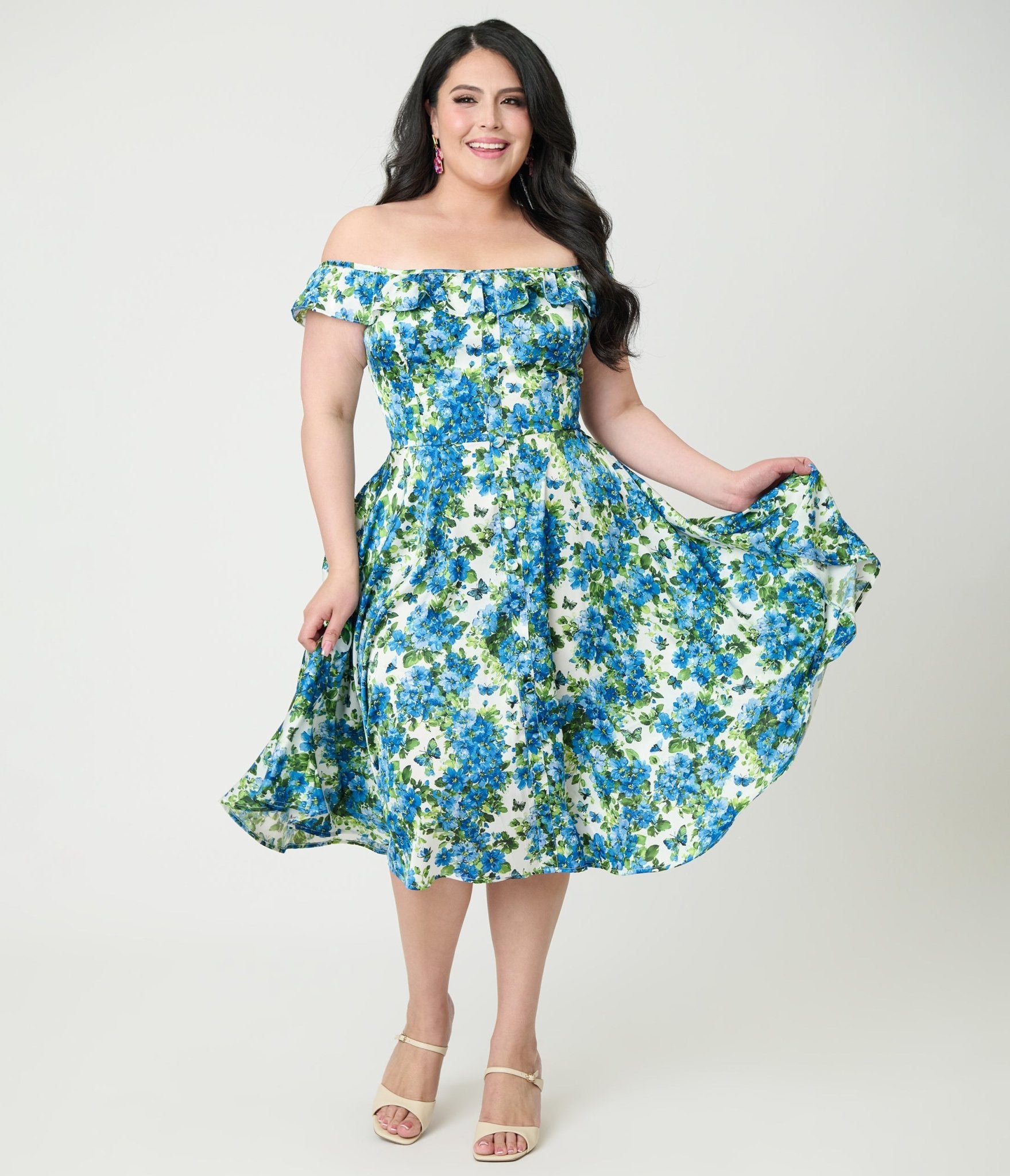 Magnolia Place Plus Size Blue Floral Barbara Swing Dress - Unique Vintage - Womens, DRESSES, SWING