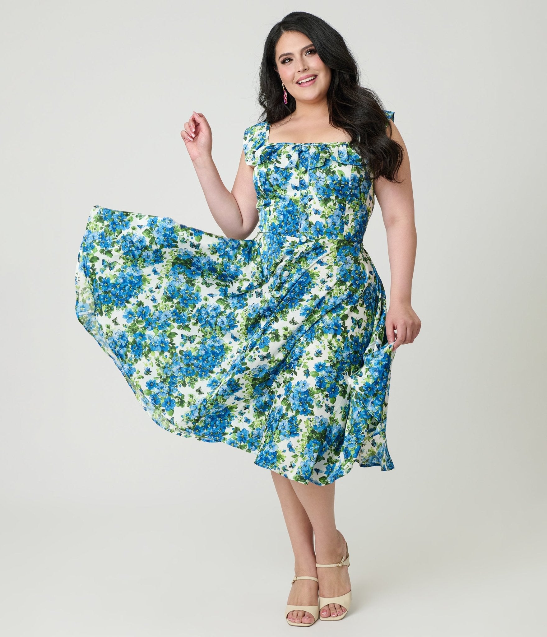 Magnolia Place Plus Size Blue Floral Barbara Swing Dress - Unique Vintage - Womens, DRESSES, SWING
