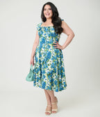 Magnolia Place Plus Size Blue Floral Barbara Swing Dress - Unique Vintage - Womens, DRESSES, SWING