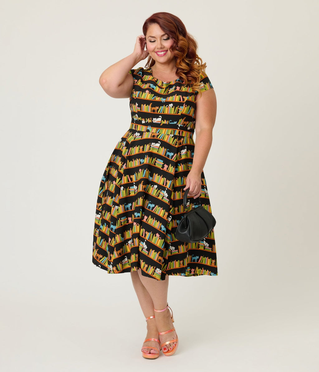 Magnolia Place Plus Size Bookshelf Cats Anna Swing Dress - Unique Vintage - Womens, DRESSES, SWING