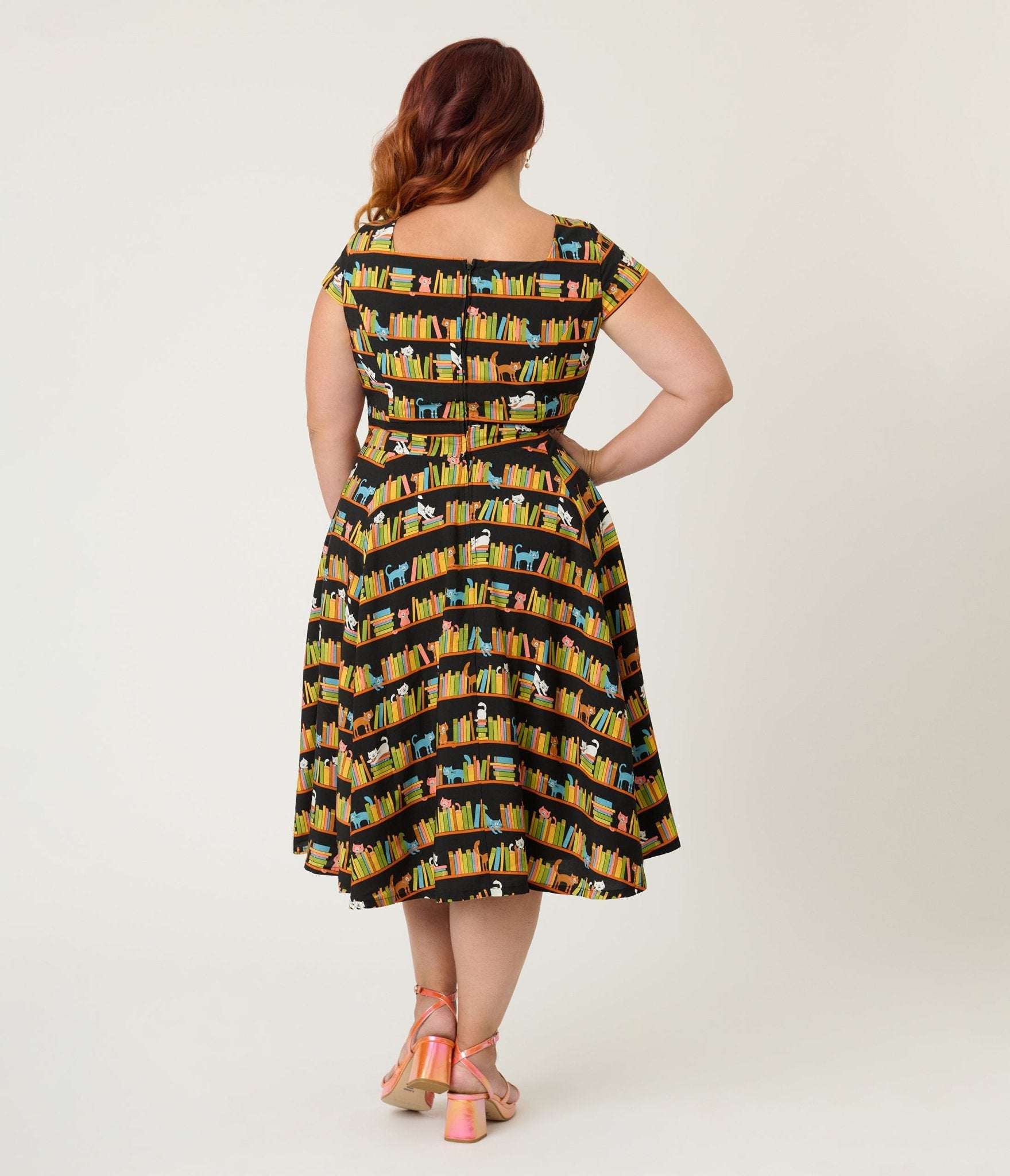 Magnolia Place Plus Size Bookshelf Cats Anna Swing Dress - Unique Vintage - Womens, DRESSES, SWING