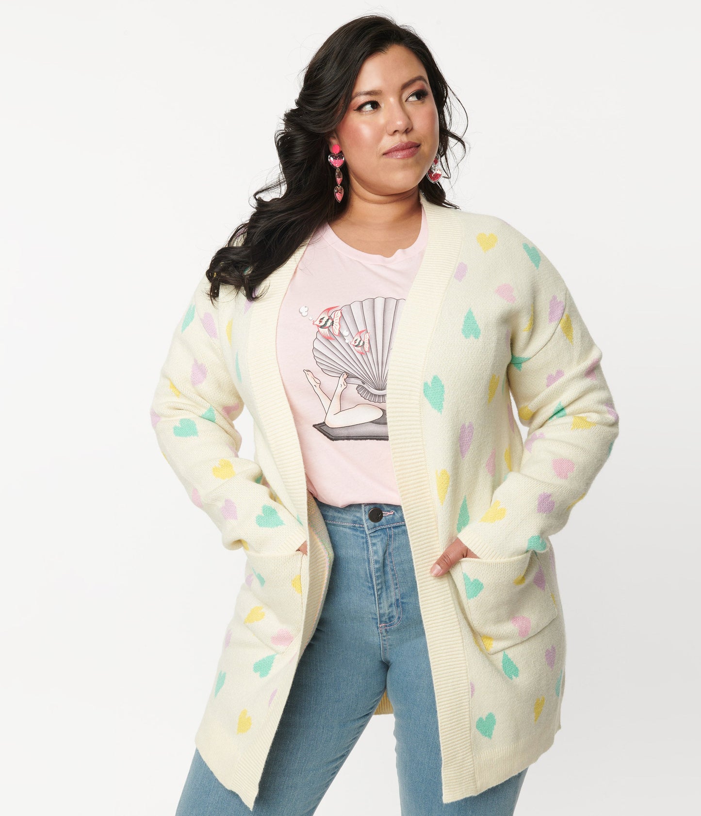 Magnolia Place Plus Size Cream & Pastel Hearts Cardigan - Unique Vintage - Womens, TOPS, SWEATERS