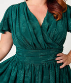 Magnolia Place Plus Size Emerald Floral Jacquard Midori Swing Dress - Unique Vintage - Womens, DRESSES, SWING