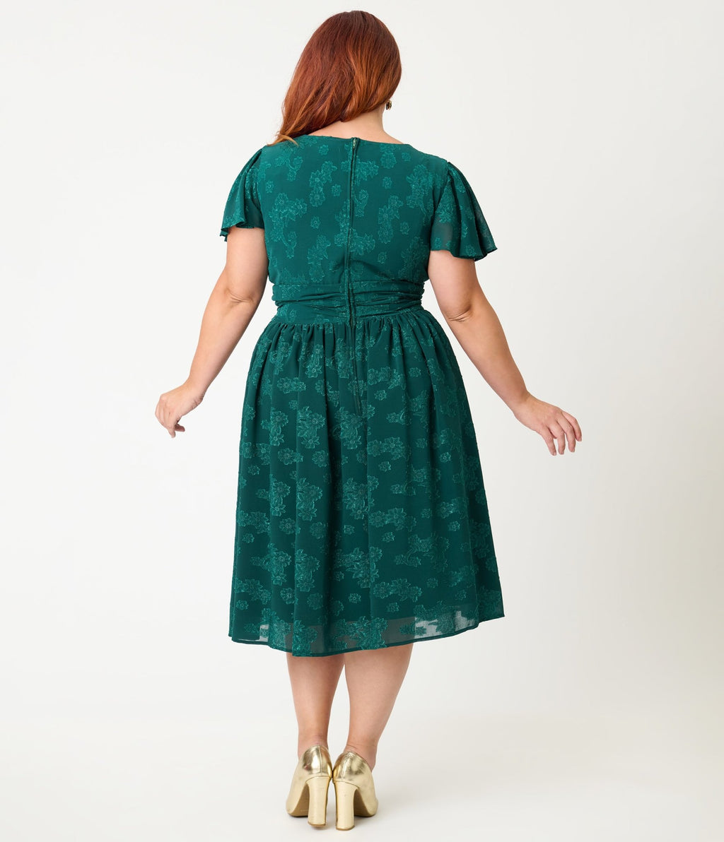 Magnolia Place Plus Size Emerald Floral Jacquard Midori Swing Dress - Unique Vintage - Womens, DRESSES, SWING