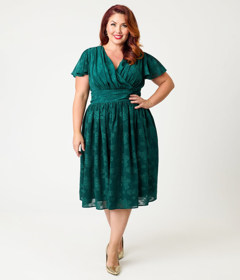 Magnolia Place Plus Size Emerald Floral Jacquard Midori Swing Dress - Unique Vintage - Womens, DRESSES, SWING