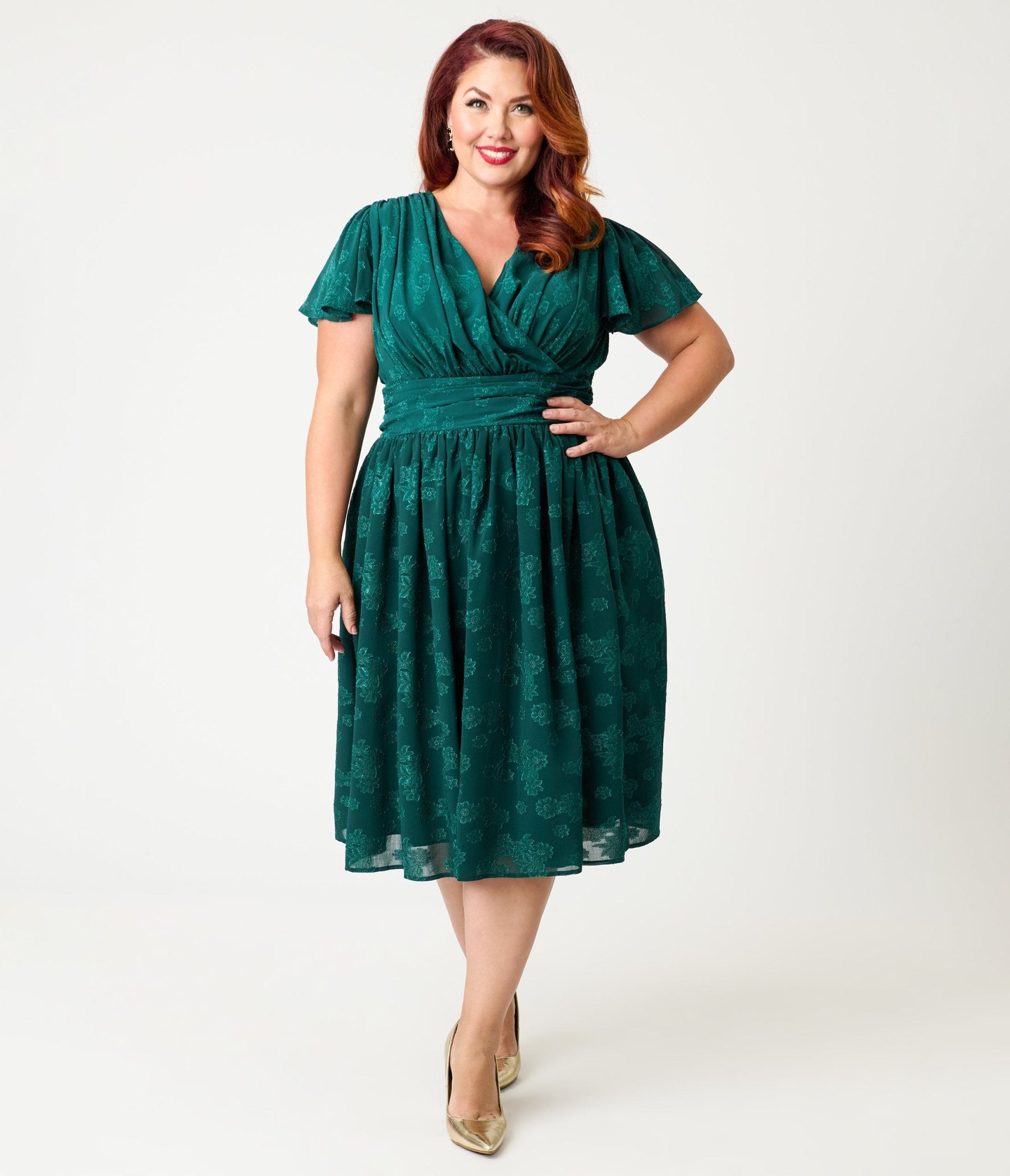 Magnolia Place Plus Size Emerald Floral Jacquard Midori Swing Dress - Unique Vintage - Womens, DRESSES, SWING