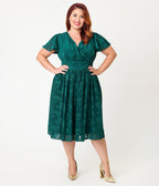 Magnolia Place Plus Size Emerald Floral Jacquard Midori Swing Dress - Unique Vintage - Womens, DRESSES, SWING
