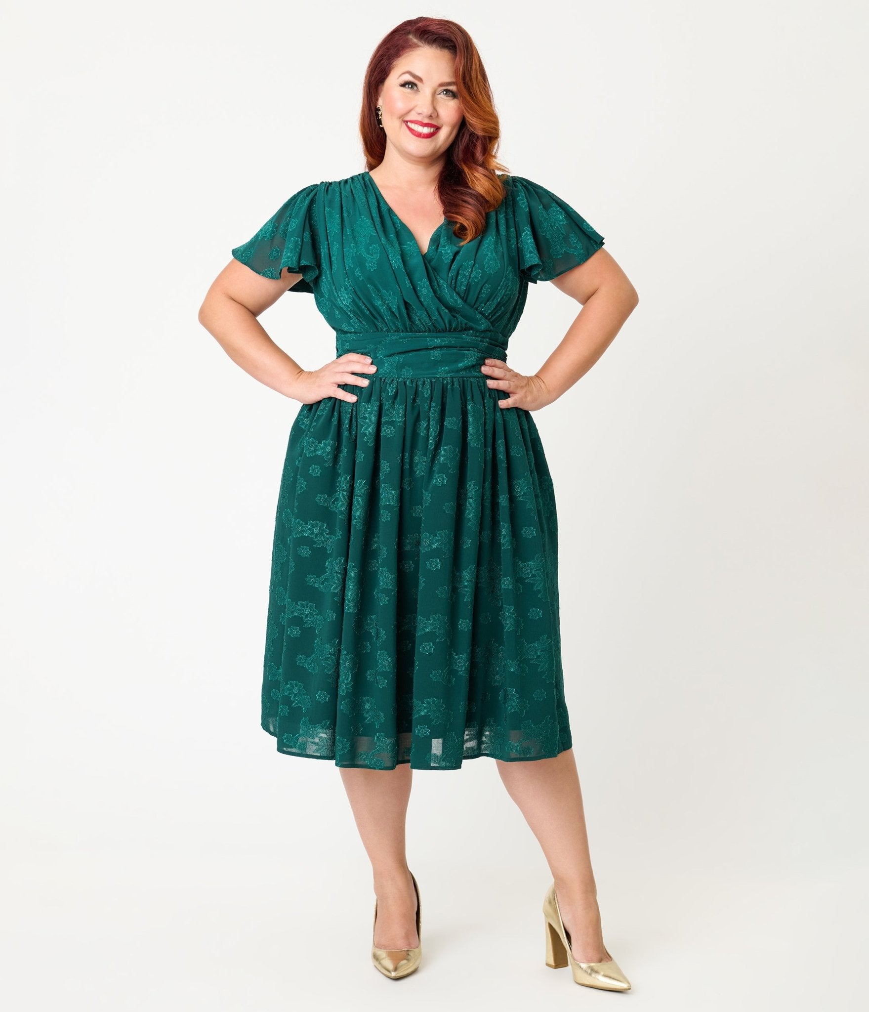 Magnolia Place Plus Size Emerald Floral Jacquard Midori Swing Dress - Unique Vintage - Womens, DRESSES, SWING