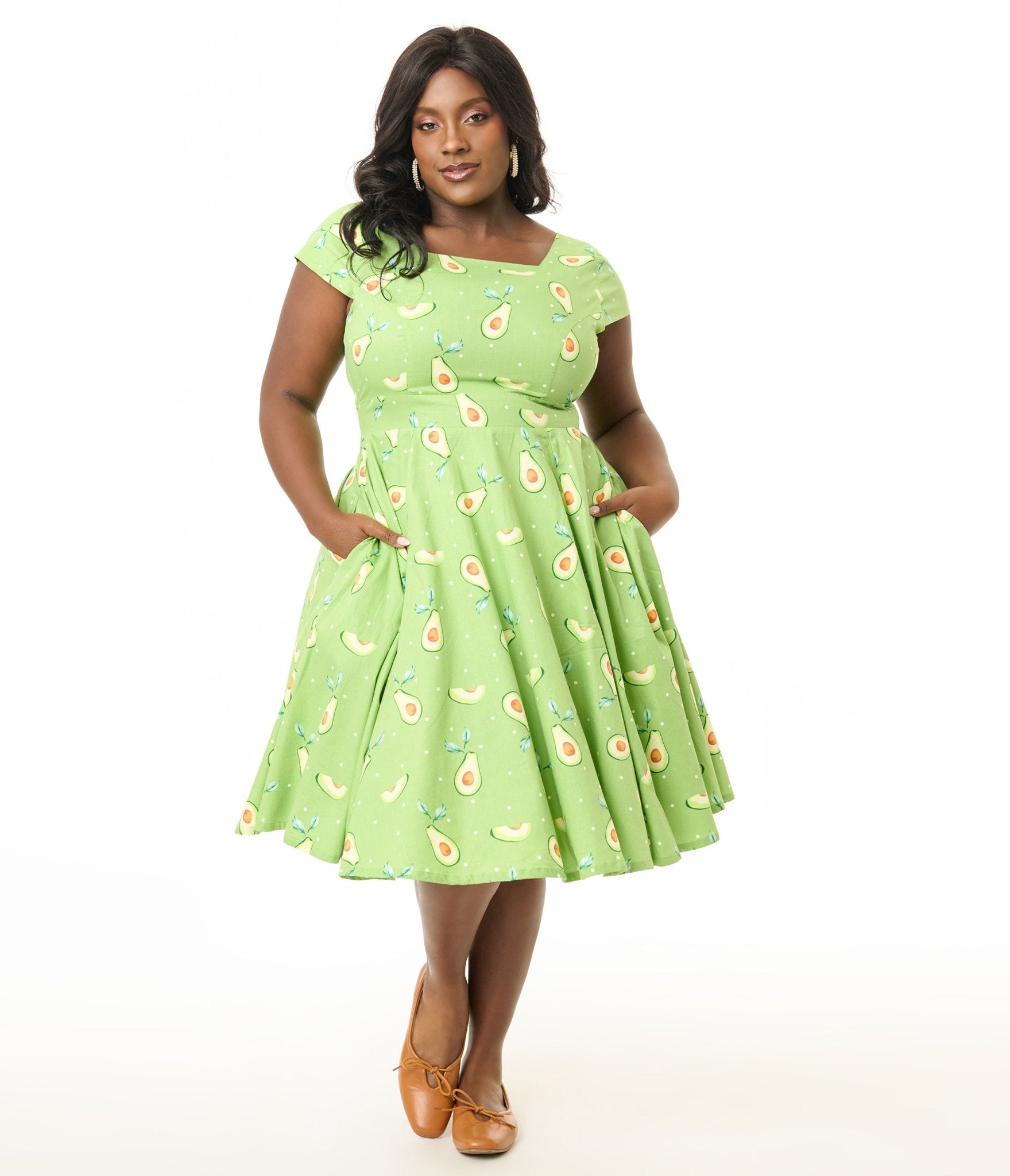Magnolia Place Plus Size Green Avocado Print Anna Cotton Swing Dress - Unique Vintage - Womens, DRESSES, SWING