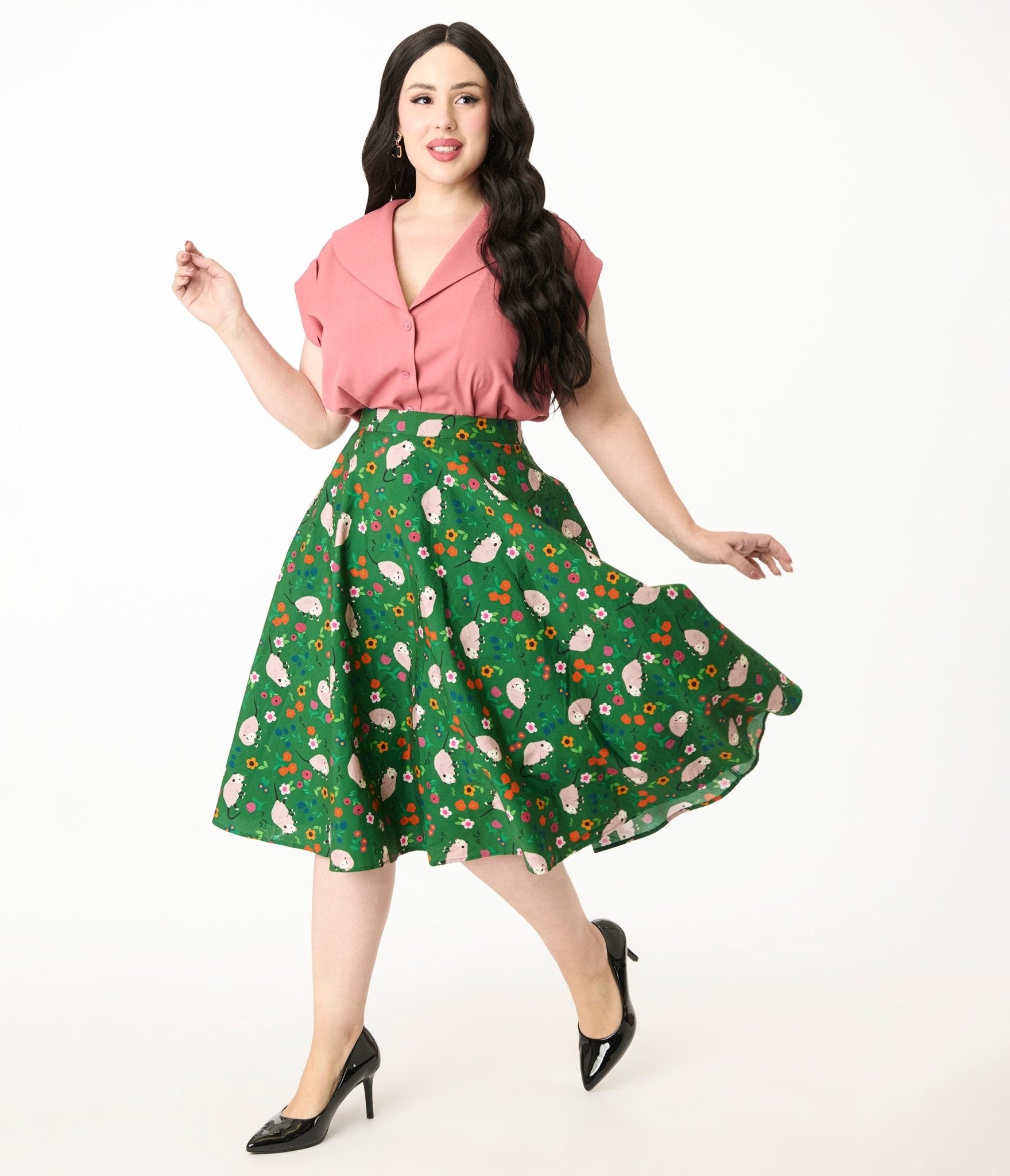 Magnolia Place Plus Size Green Awesome Opossum Sally Swing Skirt - Unique Vintage - Womens, BOTTOMS, SKIRTS