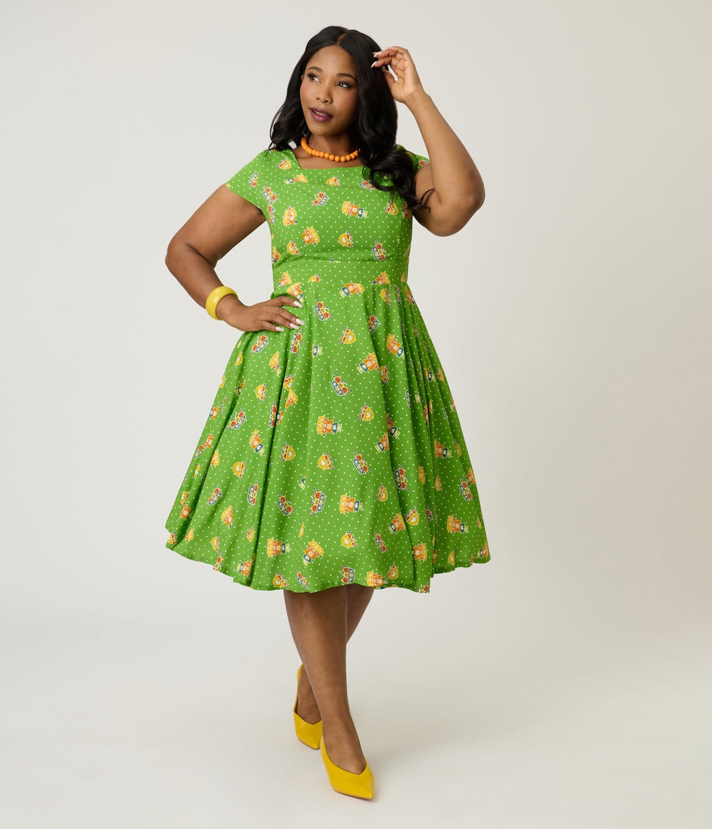 Magnolia Place Plus Size Green Pyrex Print Anna Swing Dress - Unique Vintage - Womens, DRESSES, SWING