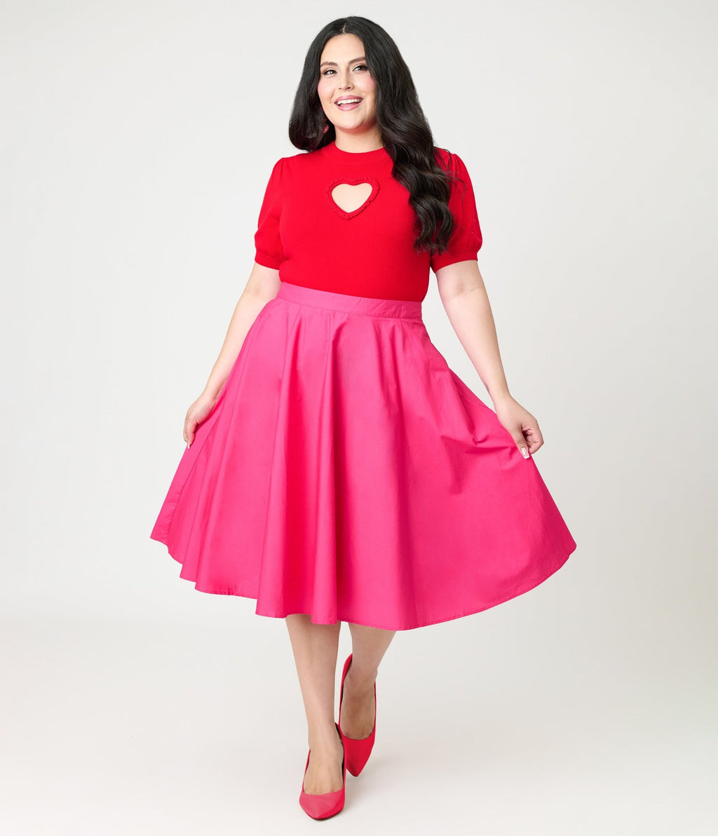 Magnolia Place Plus Size Hot Pink Cotton Sally Swing Skirt - Unique Vintage - Womens, BOTTOMS, SKIRTS