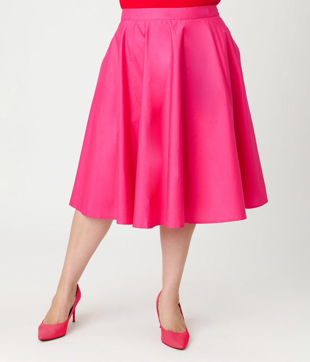 Magnolia Place Plus Size Hot Pink Cotton Sally Swing Skirt - Unique Vintage - Womens, BOTTOMS, SKIRTS