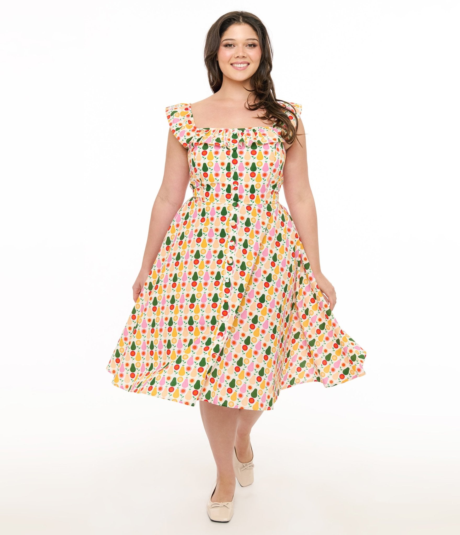 Magnolia Place Plus Size Multicolor Pear Print Cotton Barbara Swing Dress - Unique Vintage - Womens, DRESSES, SWING