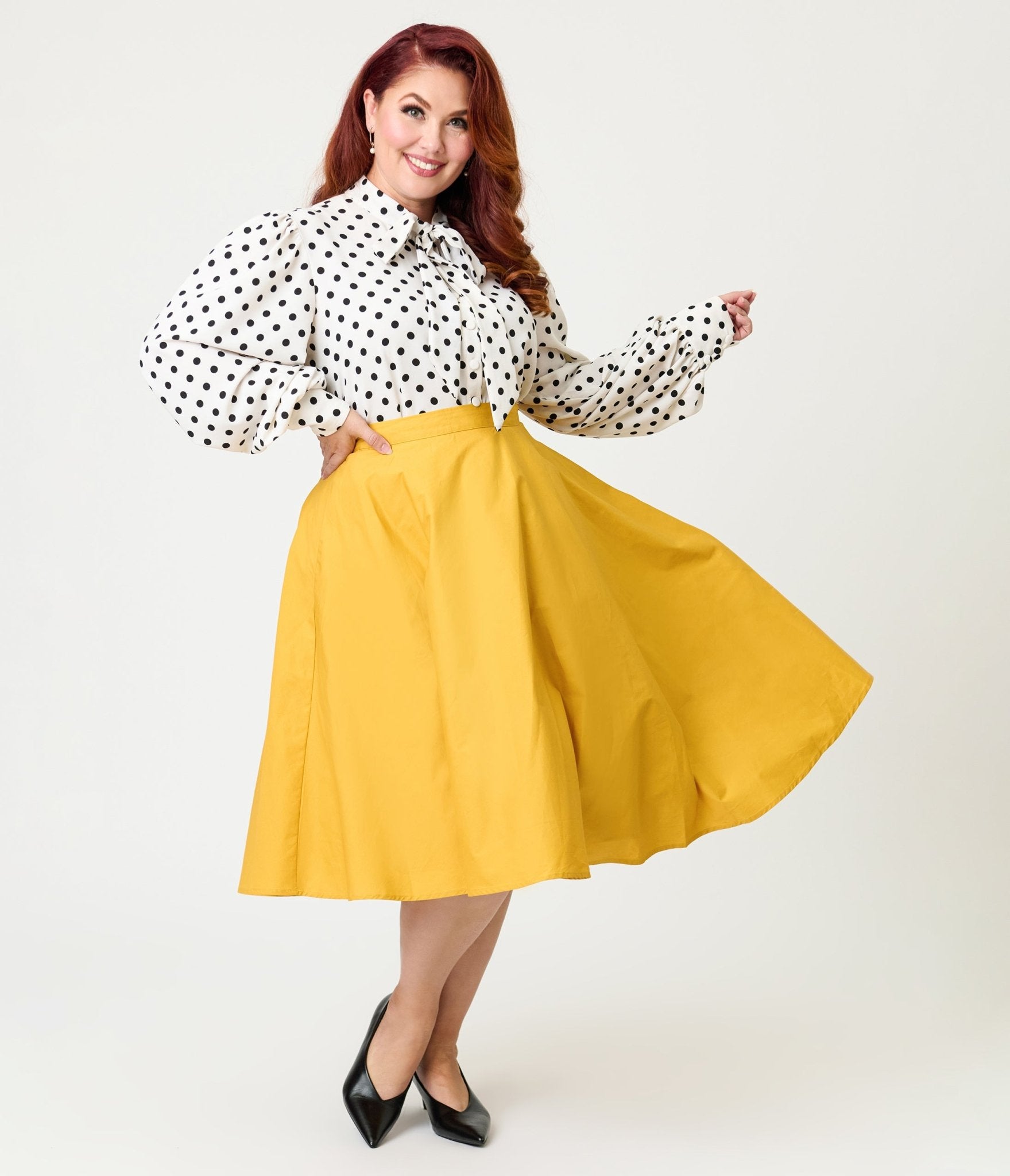 Magnolia Place Plus Size Mustard Sally Swing Skirt - Unique Vintage - Womens, BOTTOMS, SKIRTS