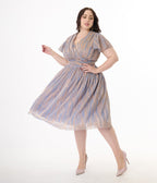 Magnolia Place Plus Size Periwinkle & Gold Flutter Sleeve Midori Swing Dress - Unique Vintage - Womens, DRESSES, SWING