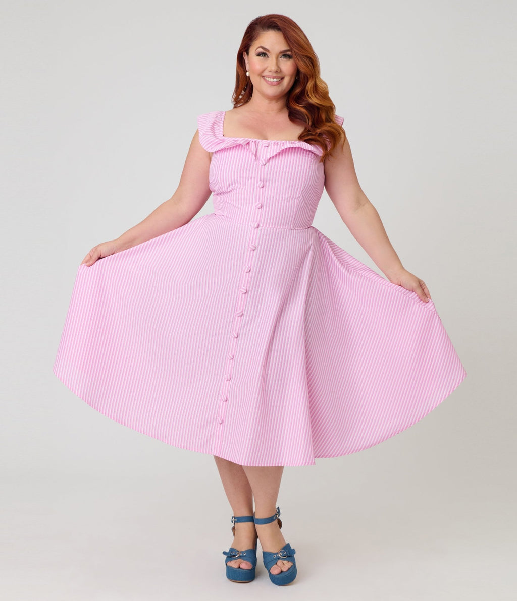 Magnolia Place Plus Size Pink Stripe Barbara Swing Dress - Unique Vintage - Womens, DRESSES, SWING