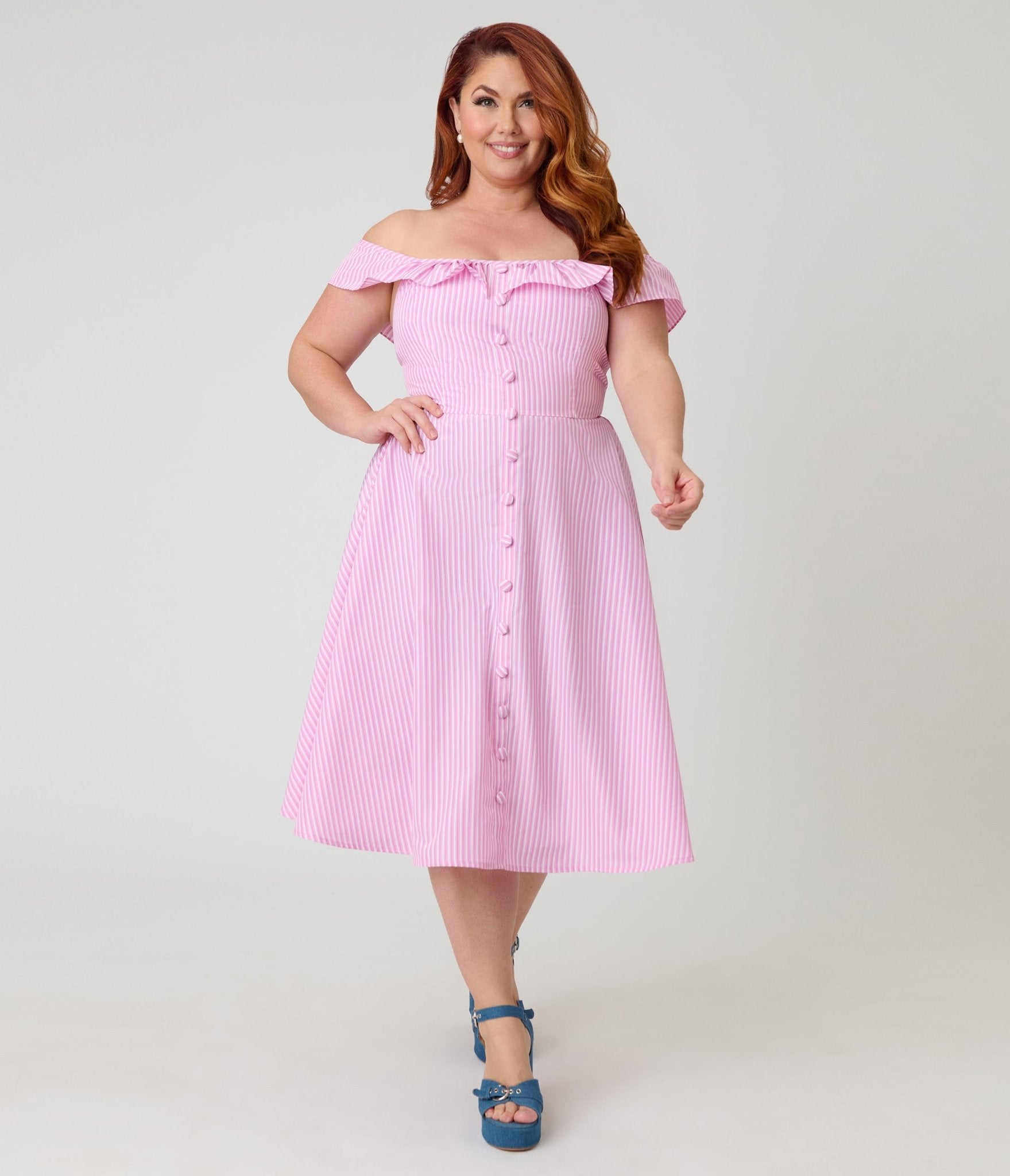 formal plus size pink dresses Magnolia Place Plus Size Pink Stripe Barbara Swing Dress 1X/16W-18W
