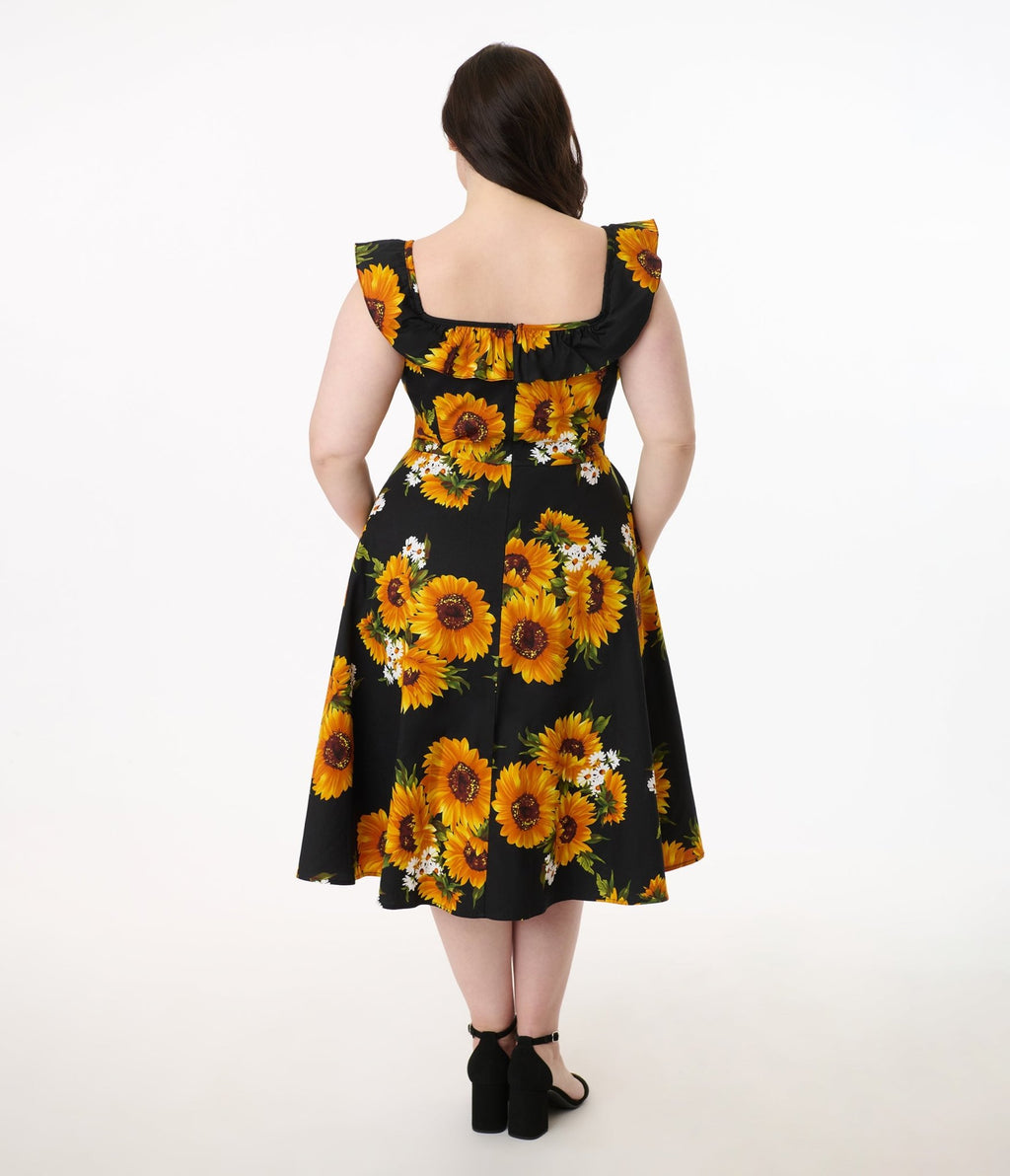 Magnolia Place Plus Size Sunflower Print Barbara Swing Dress - Unique Vintage - Womens, DRESSES, SWING